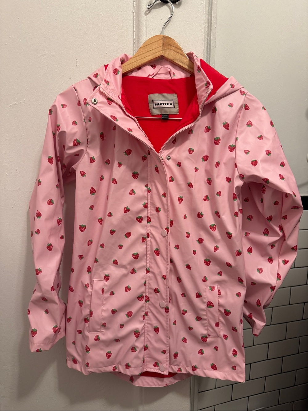 Kid’s size 14-16 Hunter Pink Strawberry Rain Jacket